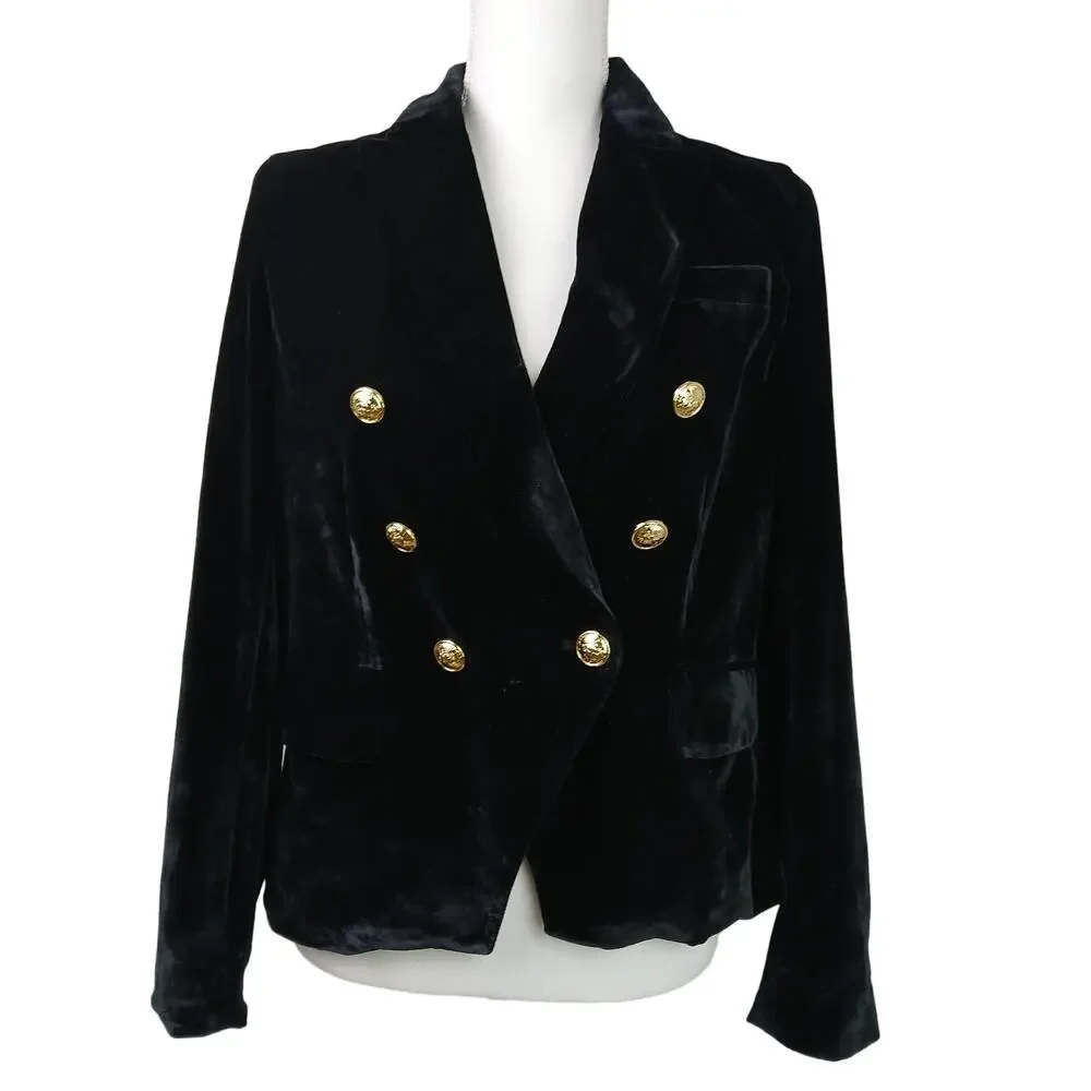 Rachel Zoe SZ XS Black Velvet Military Style Lined Blazer Gold Buttons